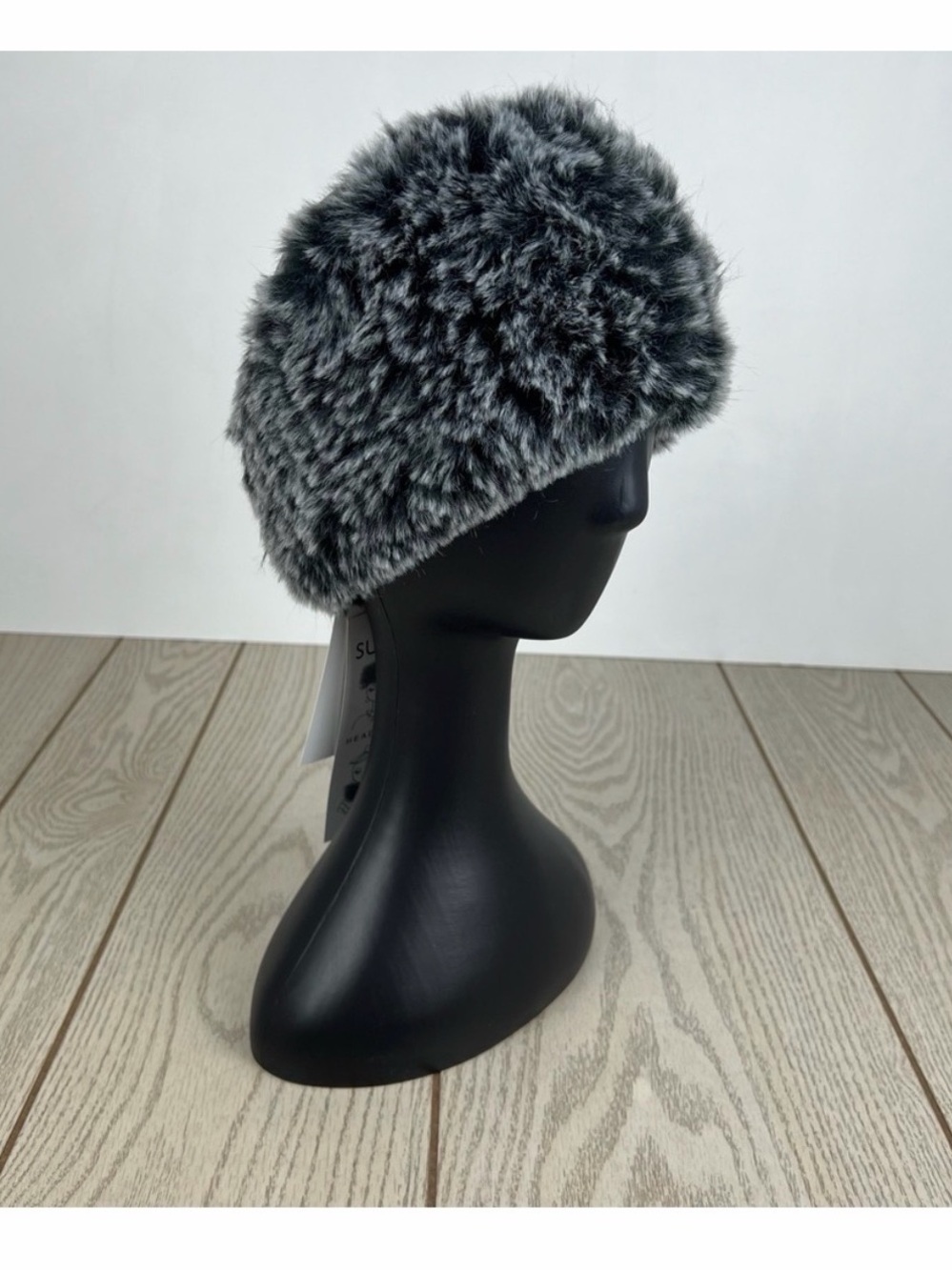 Surell Rex Rabbit Faux Fur Gray Knit Stretch Scarf and Headband in “Black Frost”
